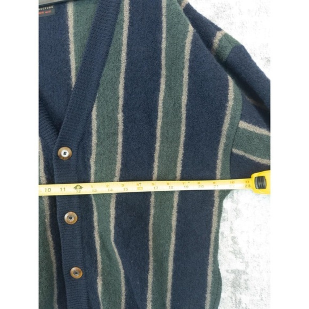 Vtg Structure Men XL 100% Wool Striped Cardigan Navy Green Grandpacore Y2K 90s - Picture 4 of 9